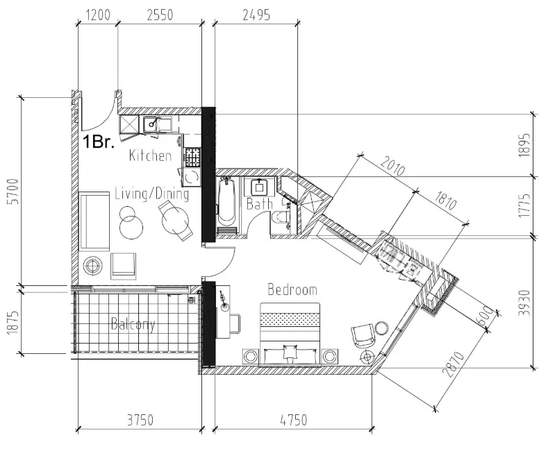 Aykon City Tower 1 bed floor plan, 646 sqft