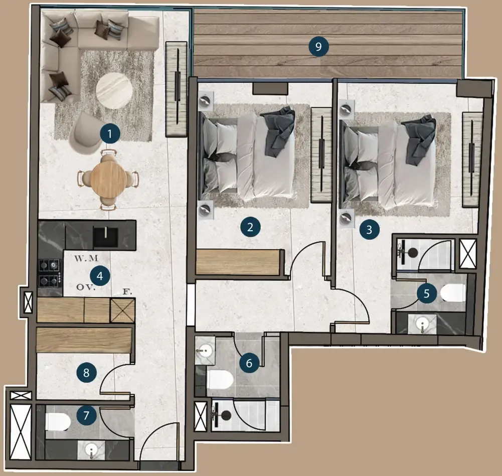 Mi Casa 2 bed floor plan, 1,019 sqft