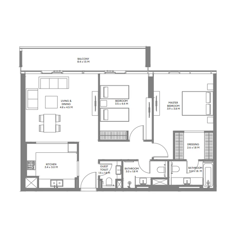 The Gate 6 2 bed floor plan, 1,225 sqft