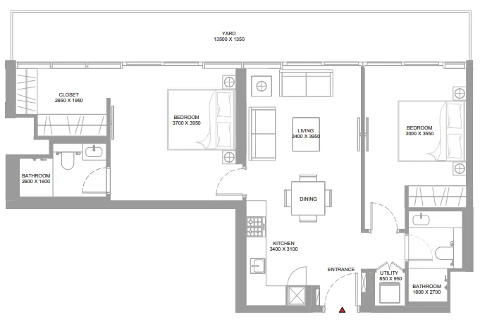 Yachtside Marina Residences 2 bed floor plan, 1,072 sqft