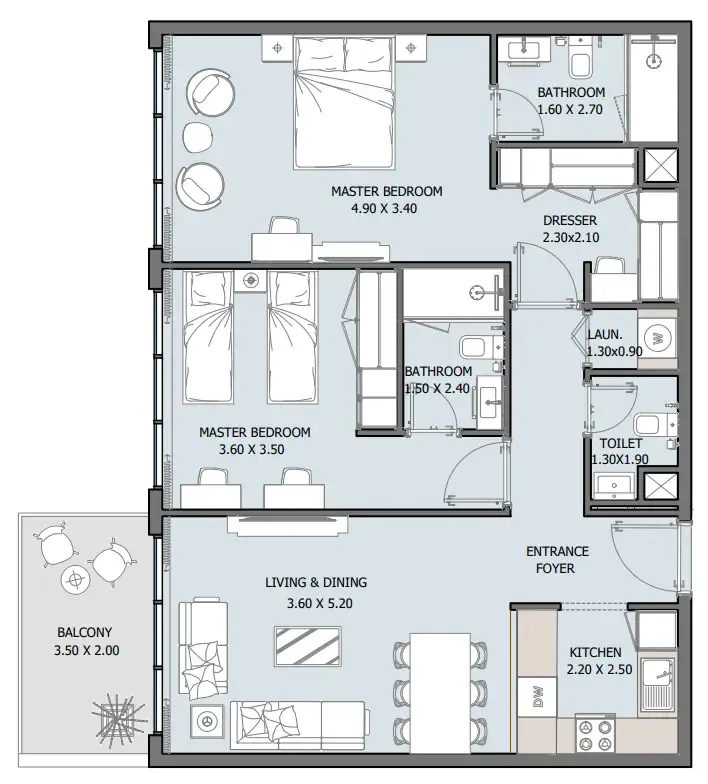Oceana 2 bed floor plan, 1,028 sqft
