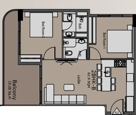 Golden Woods Albab Views 2 bed floor plan, 842 sqft