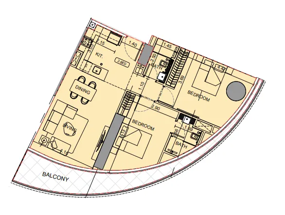 Binghatti Aquarise 2 bed floor plan, 1,090 sqft