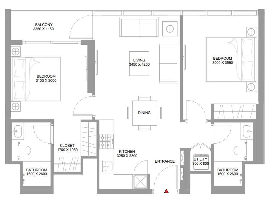 Pierside Marina Residences 2 bed floor plan, 776 sqft