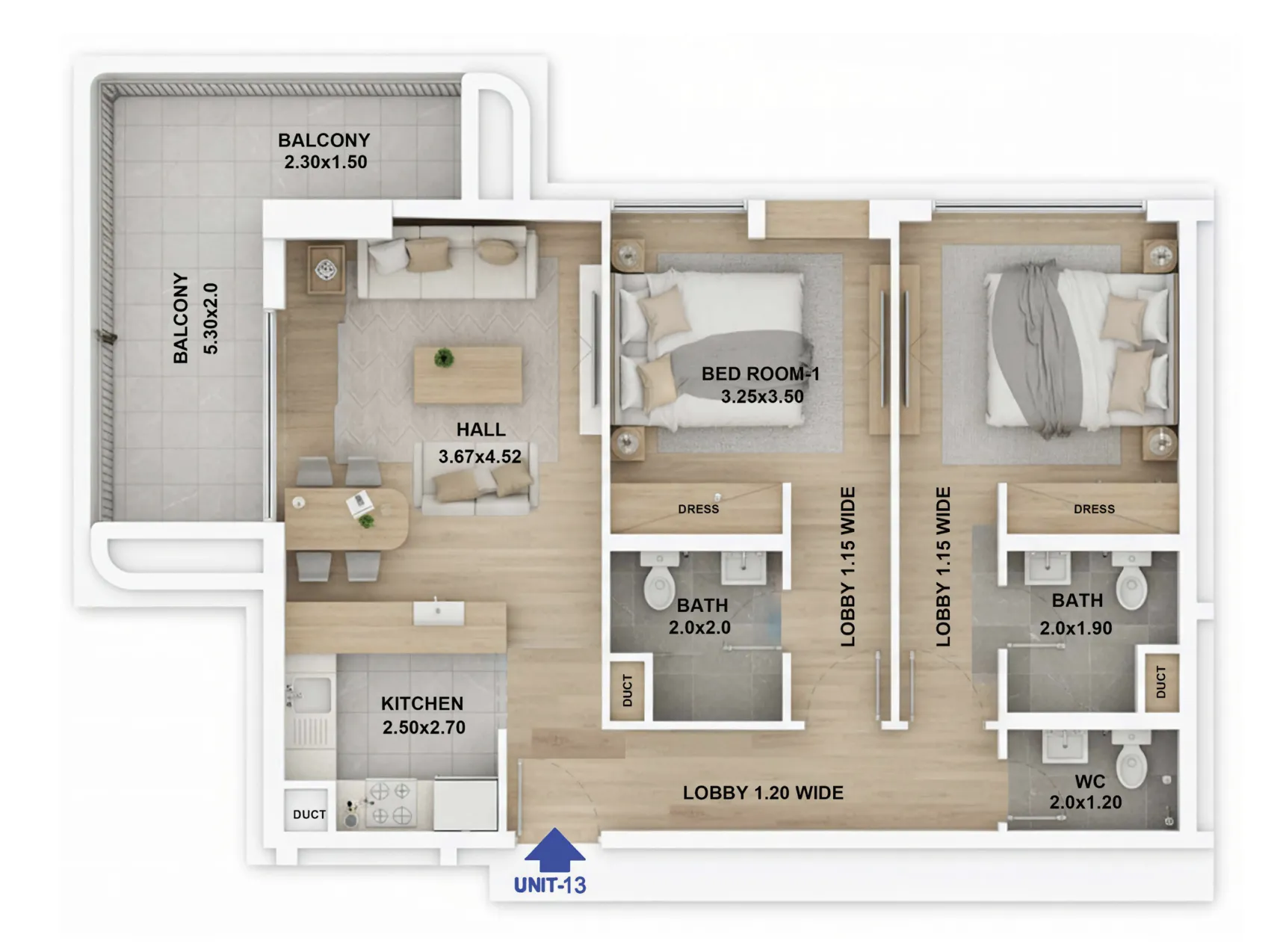 RR Grand 2 bed floor plan, 1,047 sqft