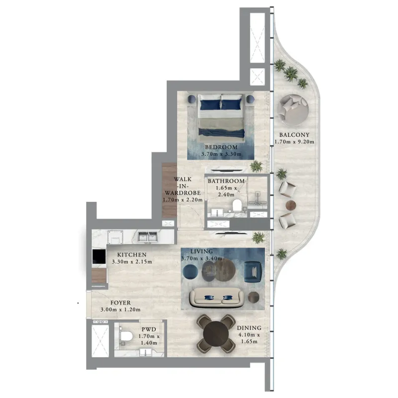 Royal Yacht Club Residence 1 bed floor plan, 819 sqft