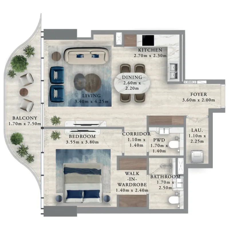 Royal Yacht Club Residence 1 bed floor plan, 821 sqft