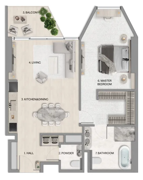Riviera Residence 1 bed floor plan, 994 – 1,022 sqft