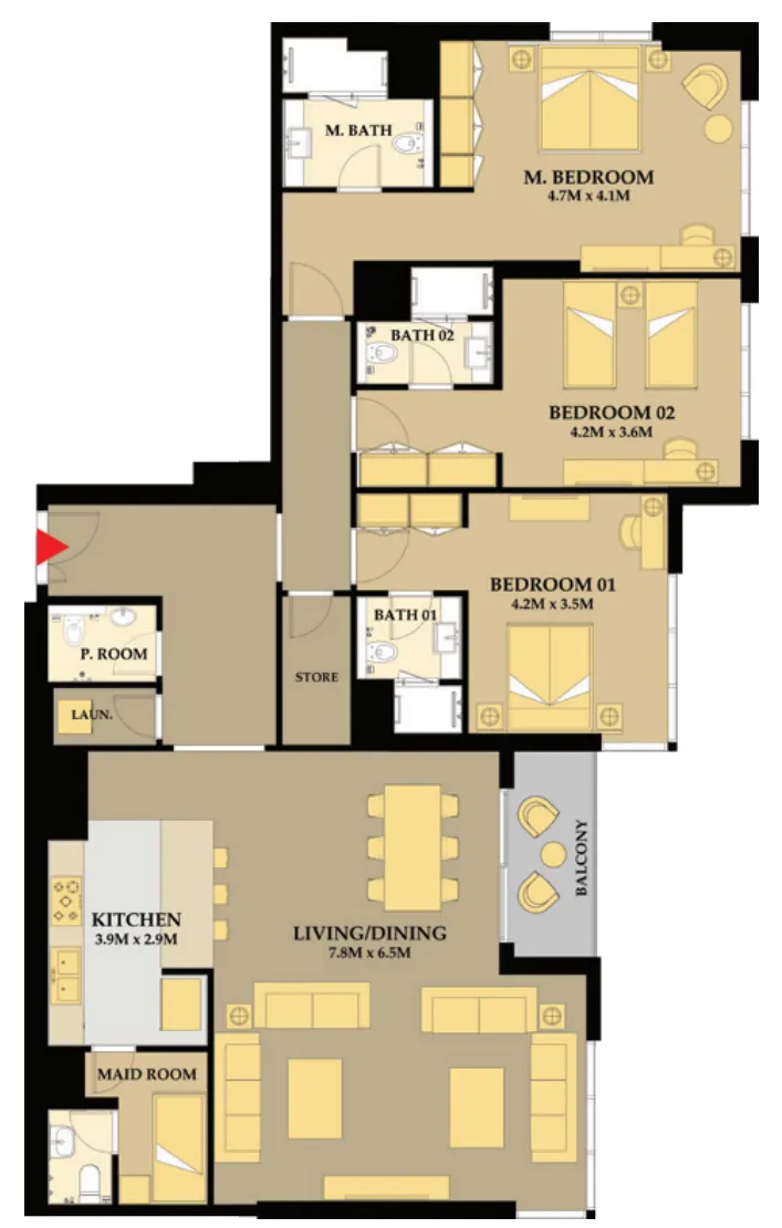 Riva Residence 3 bed floor plan, 2,051 sqft