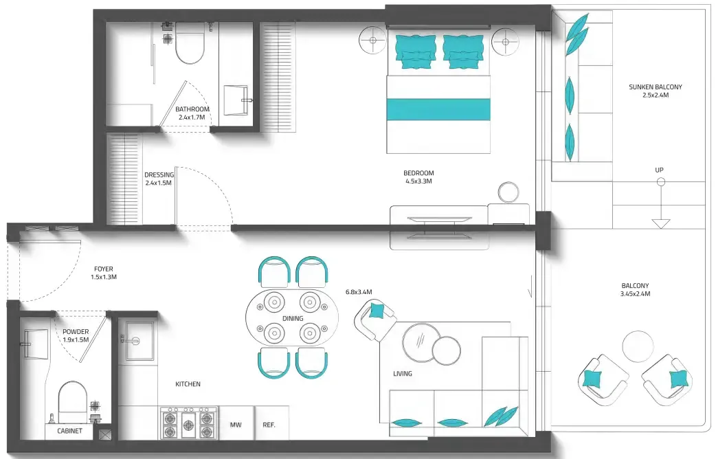 Reef 996 1 bed floor plan, 784 sqft