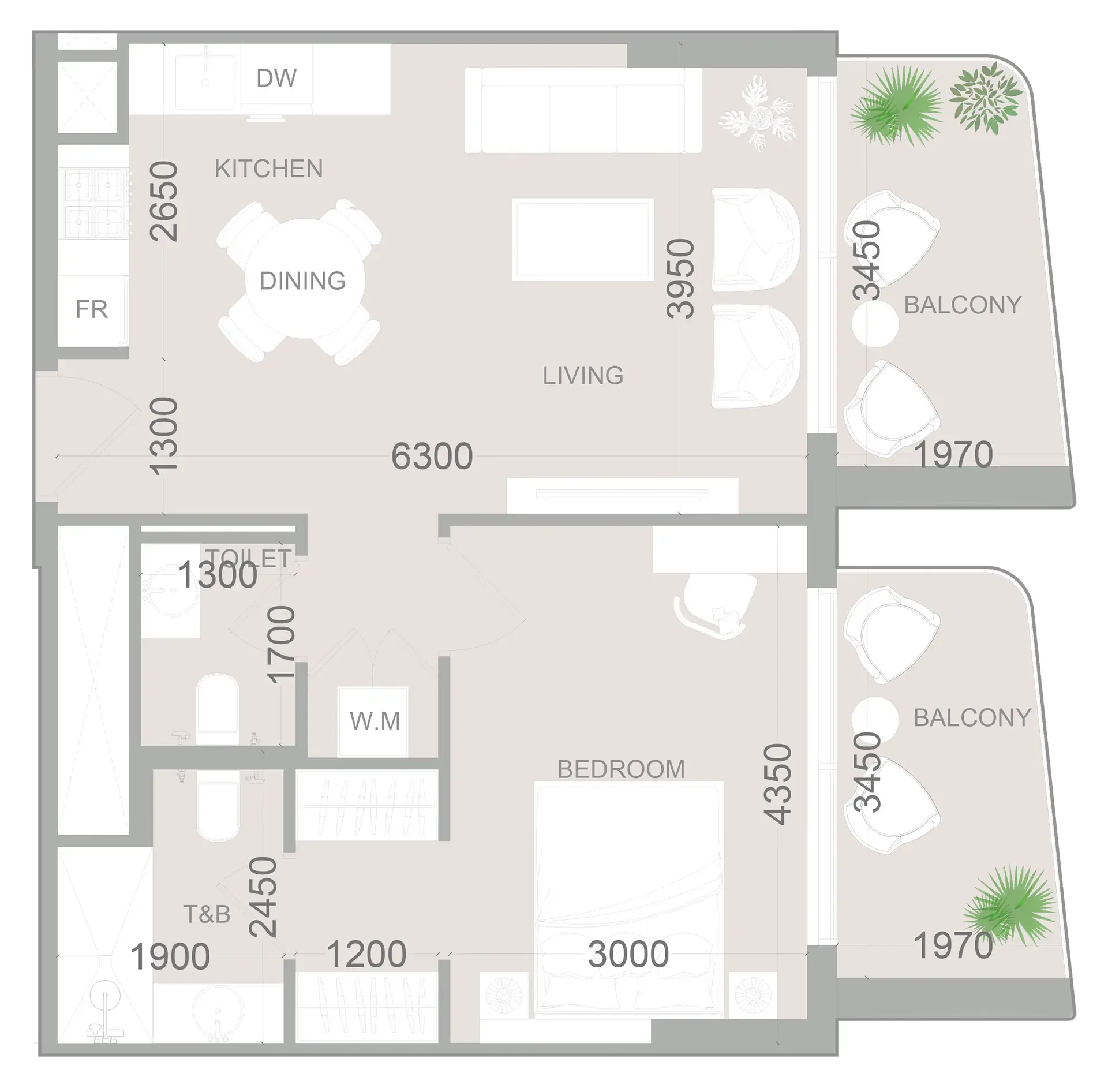 ELAR1S Sky 1 bed floor plan, 718 sqft