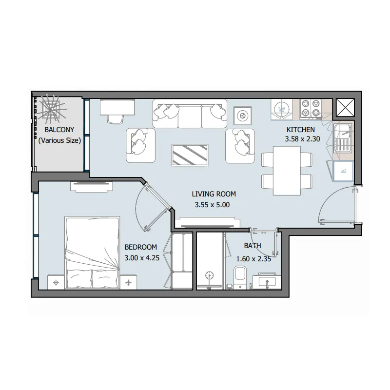 Royal Park 1 bed floor plan, 577 sqft