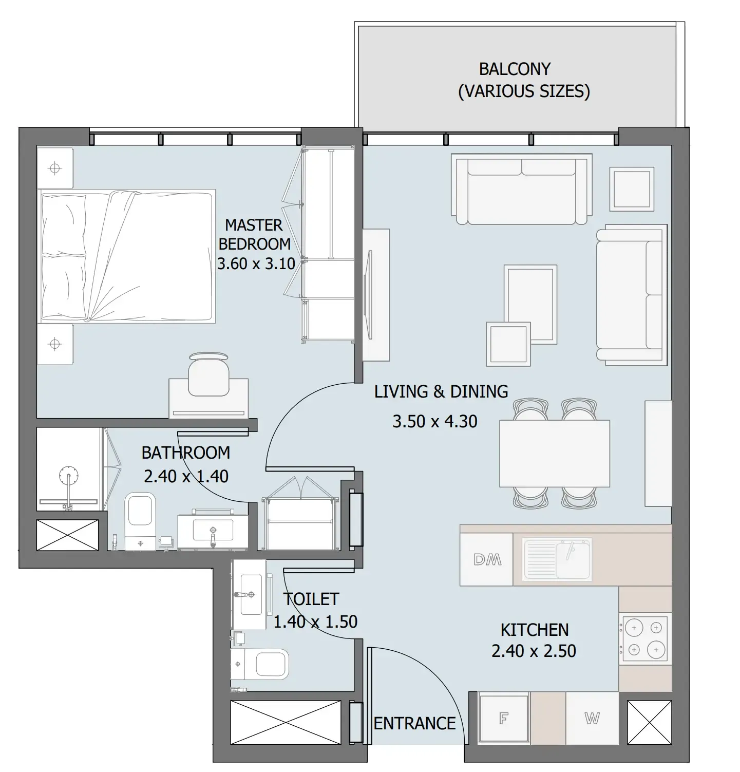 Verdana III 1 bed floor plan, 540 – 590 sqft