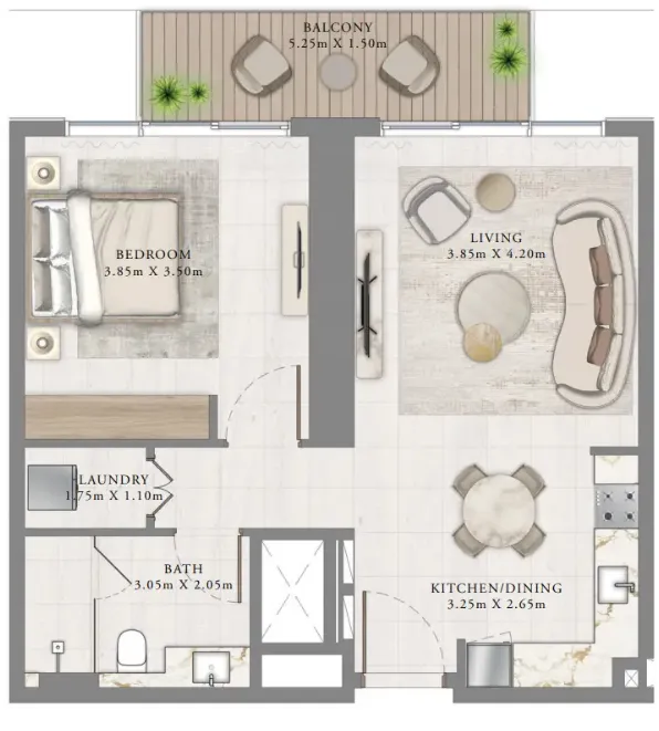 Seapoint 1 bed floor plan, 761 sqft