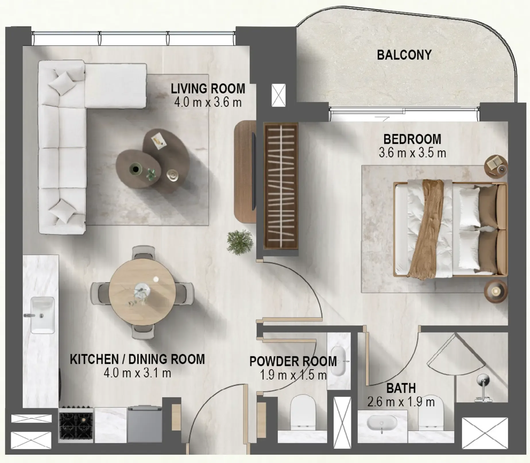 Sanctuary 1 bed floor plan, 657 sqft