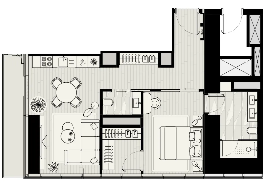 Iconic Tower 1 bed floor plan, 864 sqft
