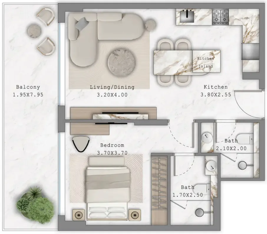 Aark Terraces 1 bed floor plan, 772 sqft