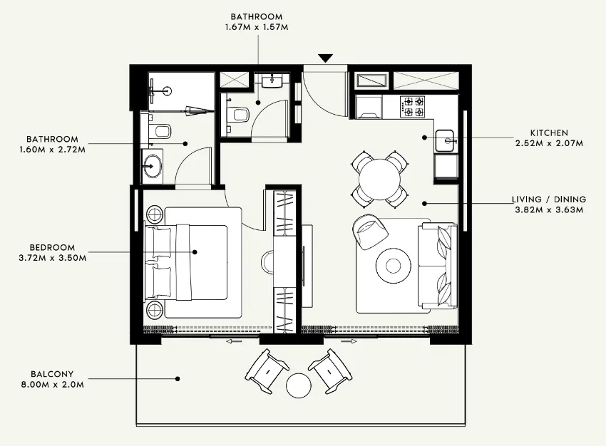 Azizi Venice 1 bed floor plan, 724 sqft