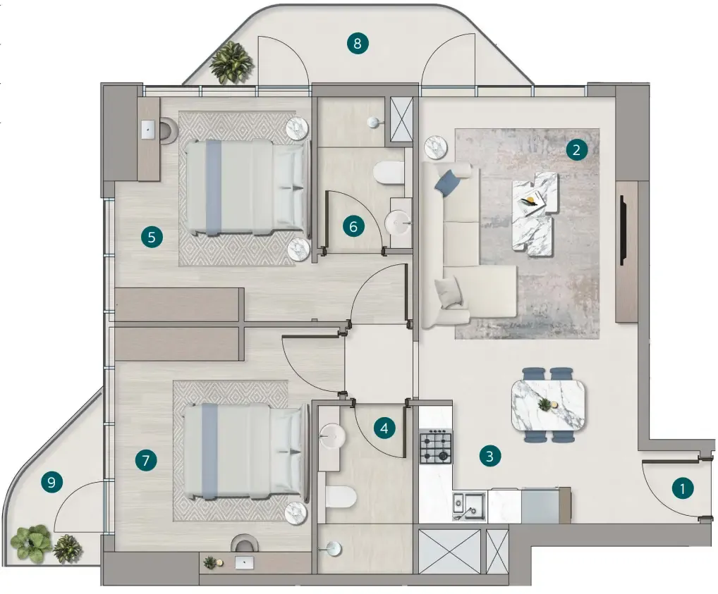 Flora Shore Beachside Residences 2 bed floor plan, 996 – 1,005 sqft