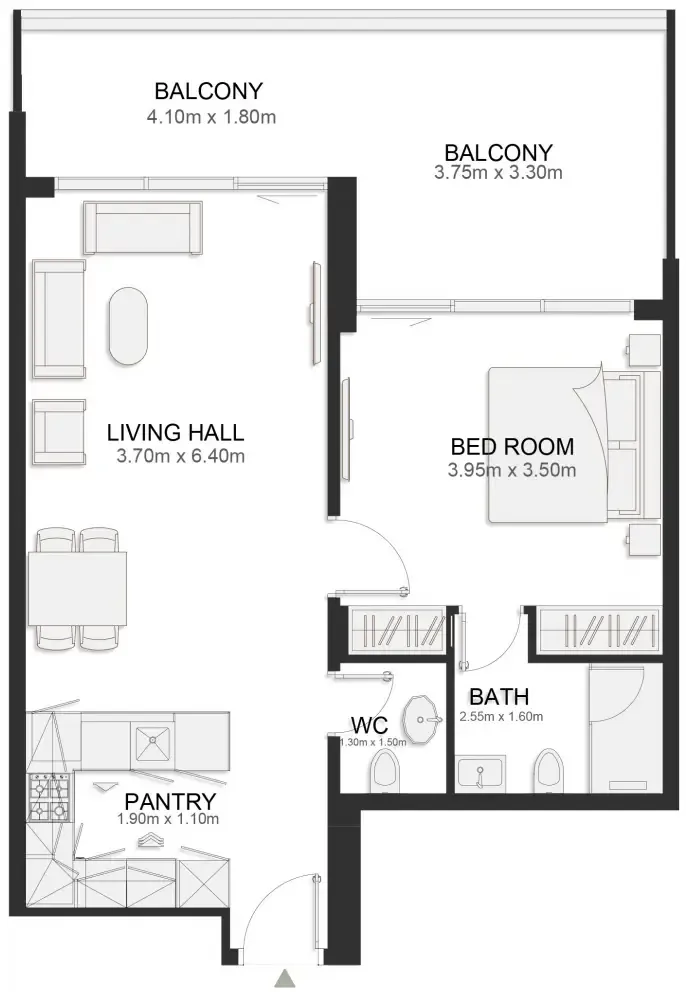 Ashley Hills 1 bed floor plan, 895 sqft