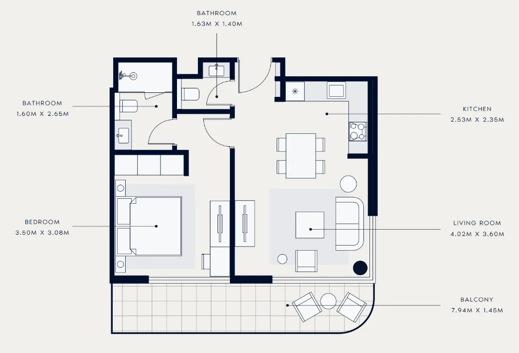 Azizi Venice 1 bed floor plan, 693 sqft