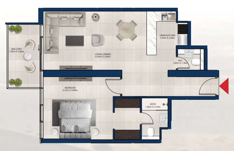Al Vista 1 bed floor plan, 871 sqft