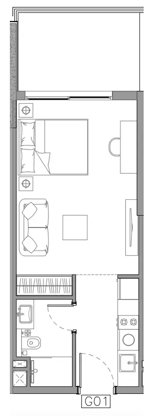 Trevino Studio floor plan, 431 sqft