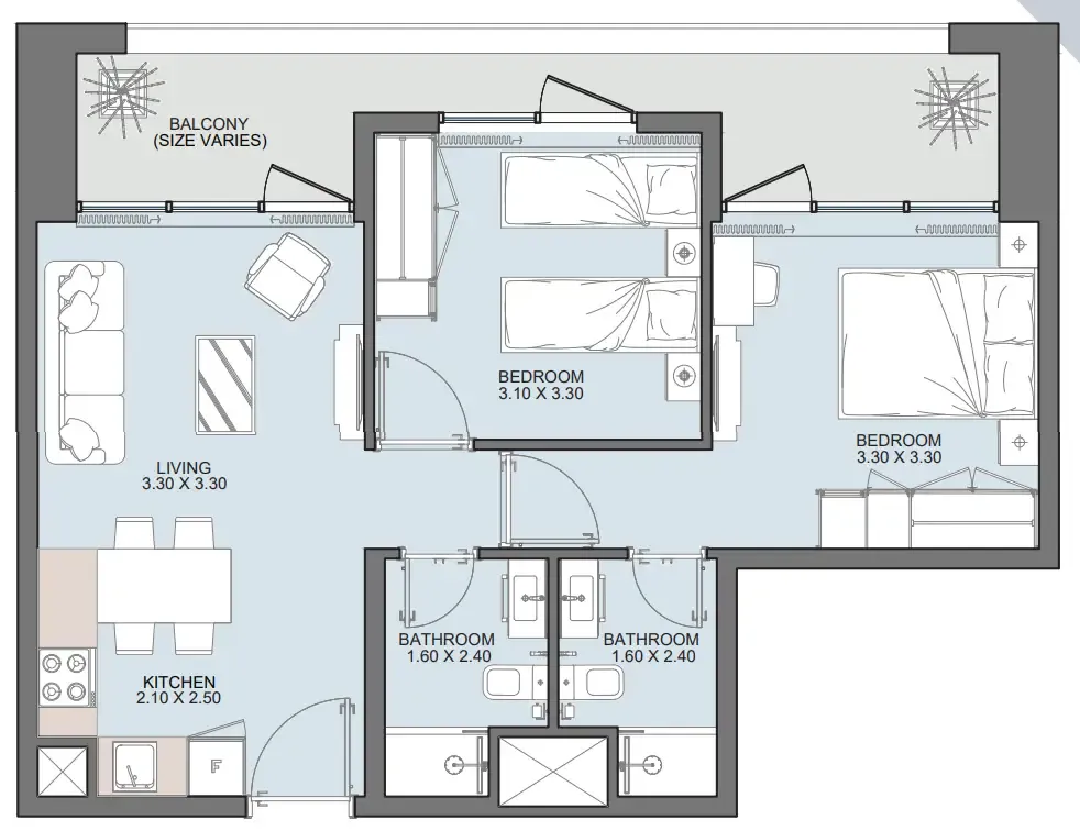 Alba Tower 2 bed floor plan, 686 sqft