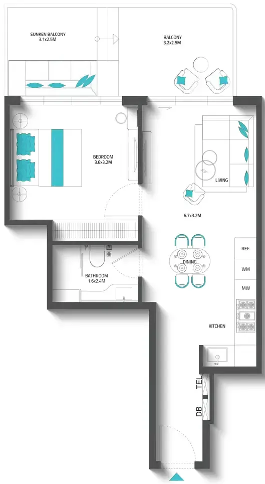 Reef 996 1 bed floor plan, 693 sqft