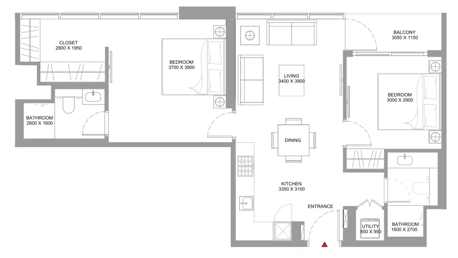 Starline Beach Residences 2 bed floor plan, 839 – 840 sqft
