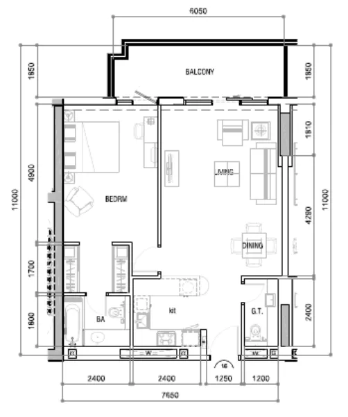 DAMAC Majestine 1 bed floor plan, 905 sqft
