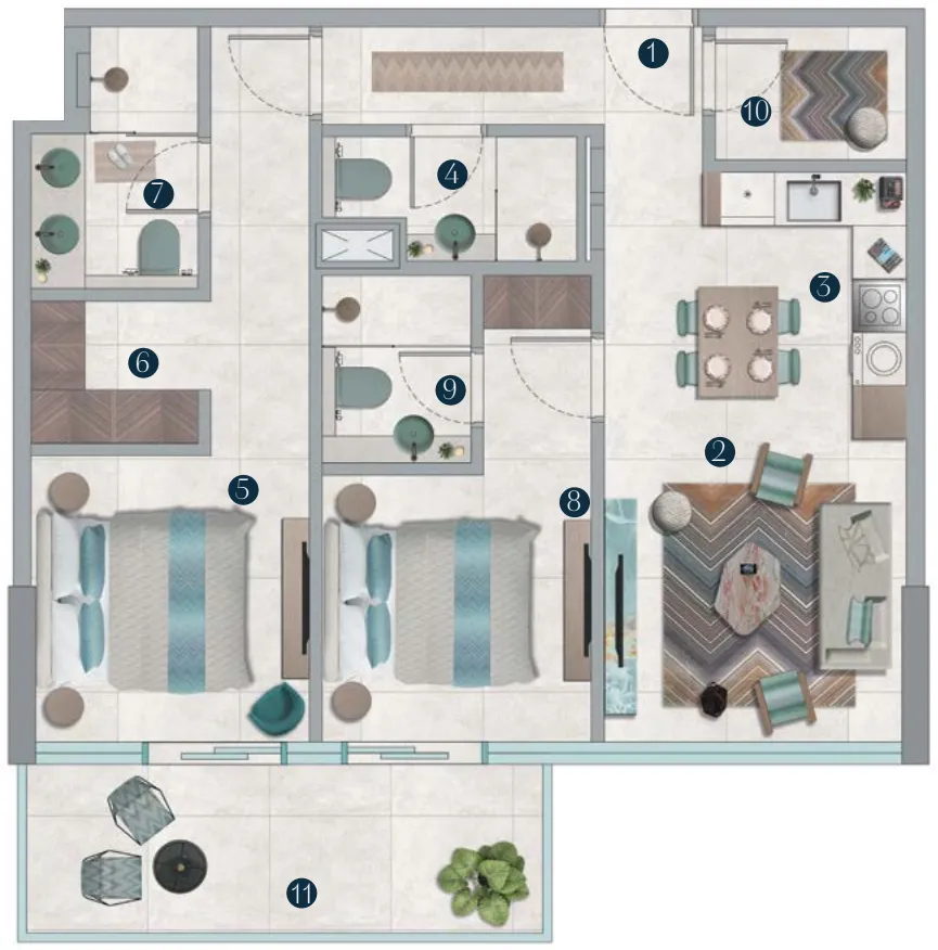 Octa Isle Interiors by Missoni 2 bed floor plan, 1,025 – 1,026 sqft