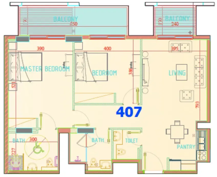Carmel Residence 2 bed floor plan, 1,215 sqft