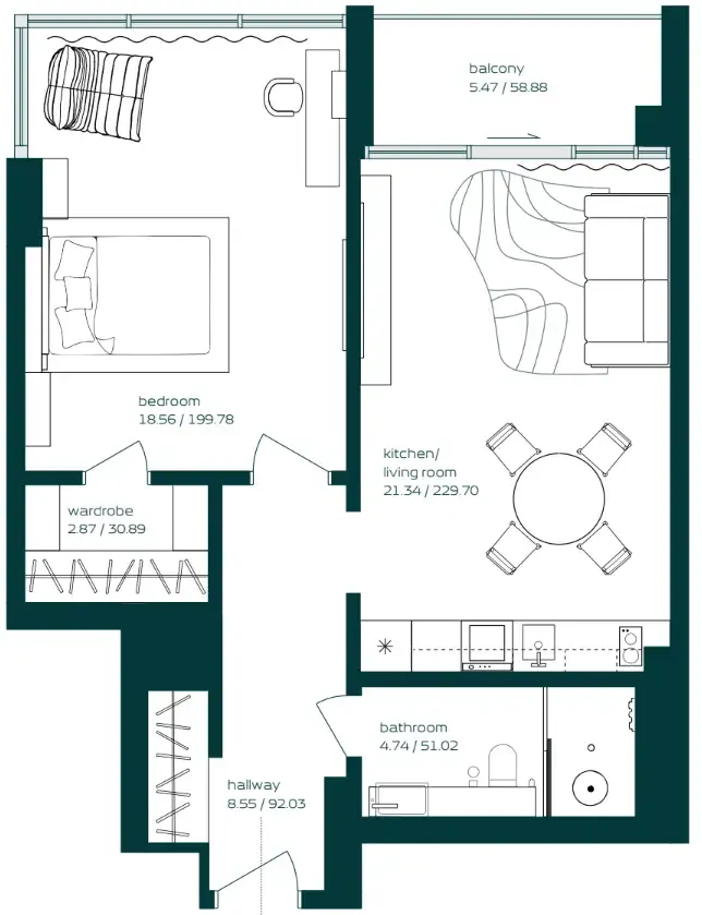 Vibe 1 bed floor plan, 750 sqft