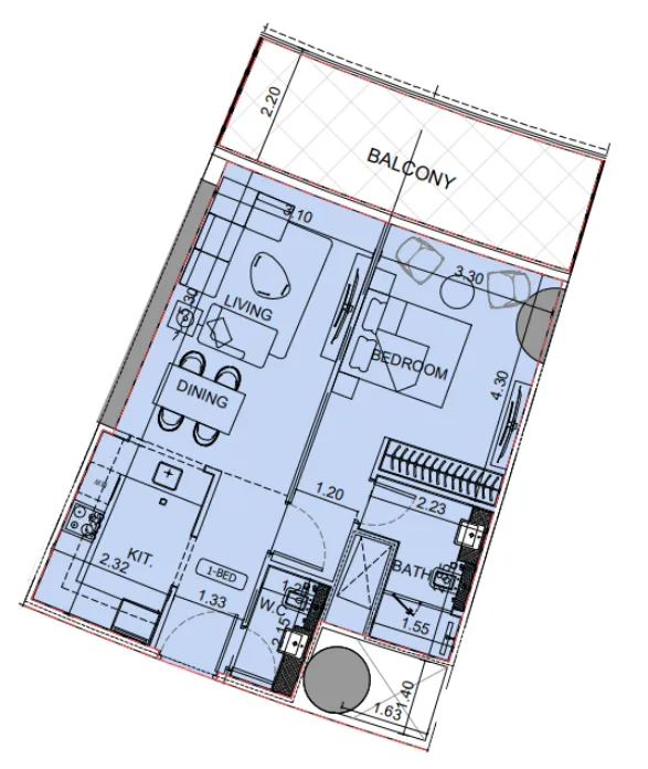 Binghatti Aquarise 1 bed floor plan, 813 sqft