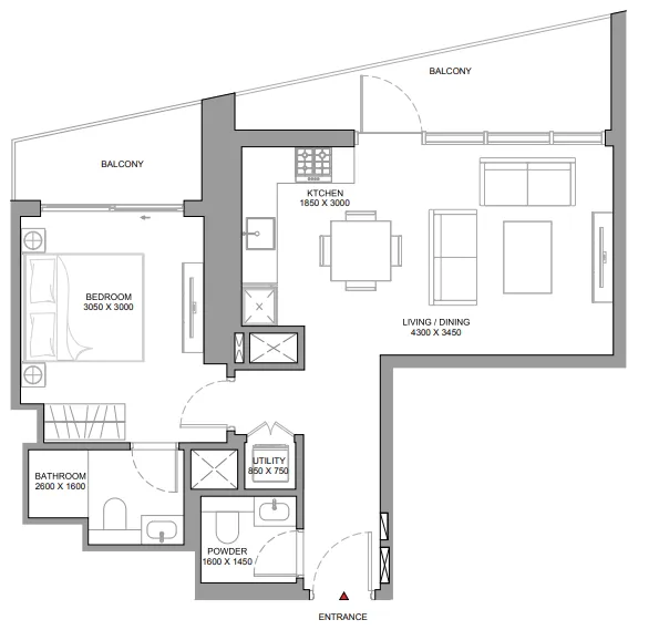 The Horizon at Sobha Central 1 bed floor plan, 782 sqft
