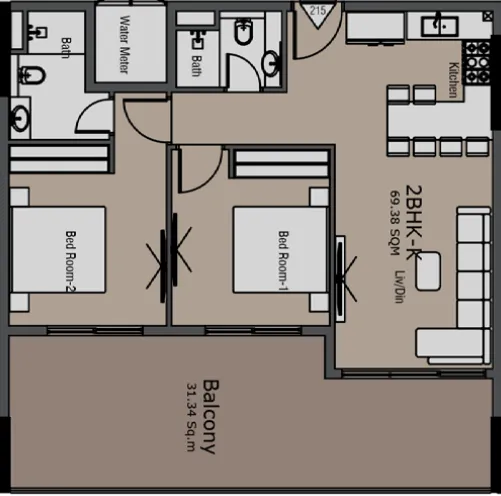 Golden Woods Albab Views 2 bed floor plan, 1,084 sqft