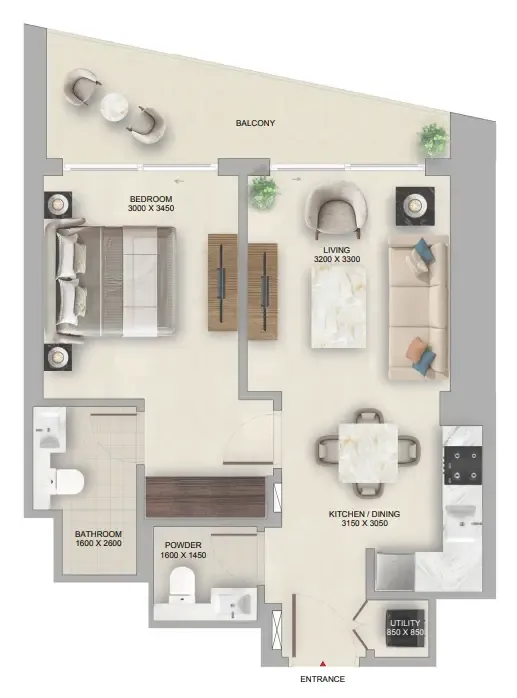 The Tranquil at Sobha Central 1 bed floor plan, 645 sqft