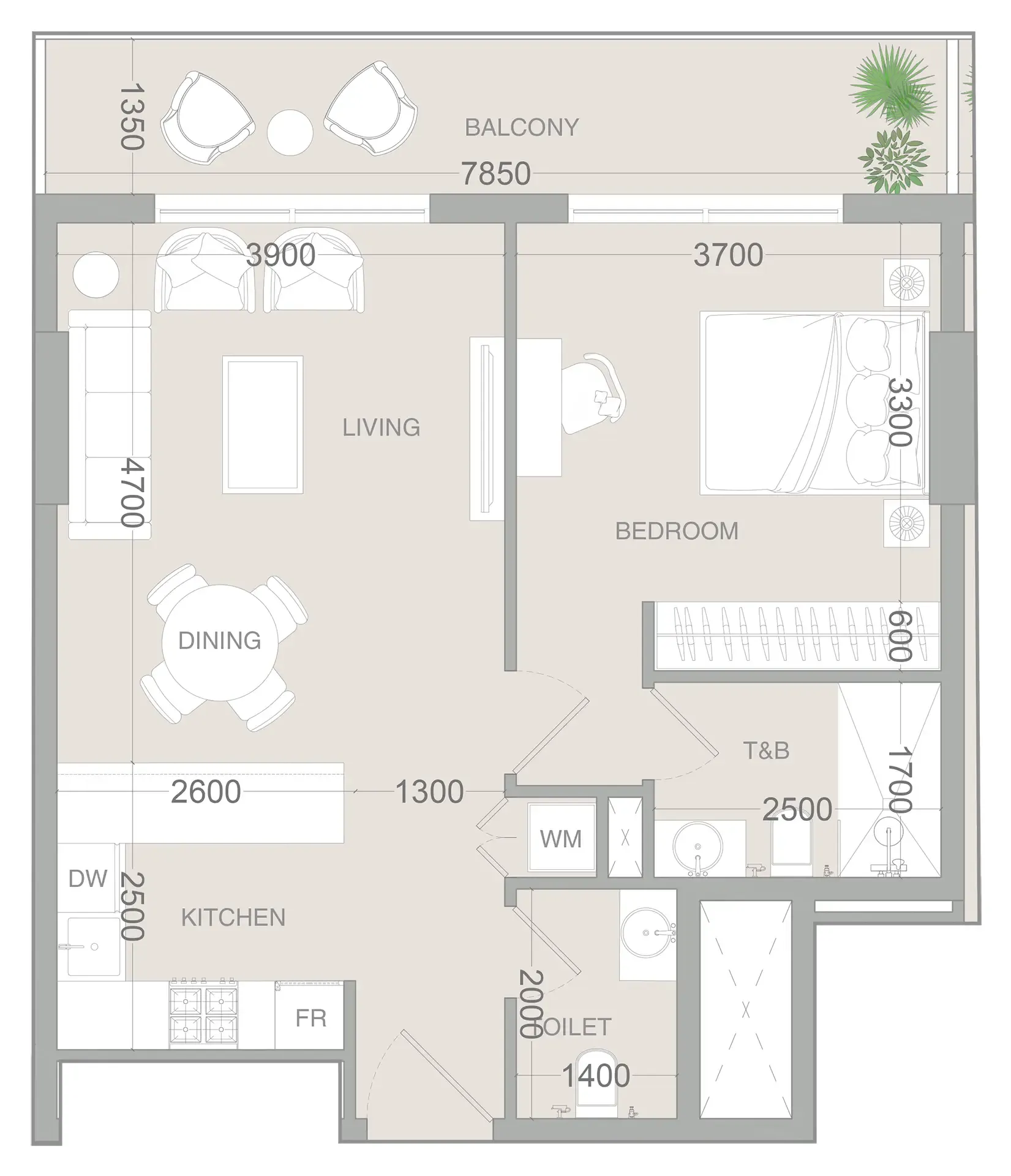 VERDAN1A 3 1 bed floor plan, 736 sqft