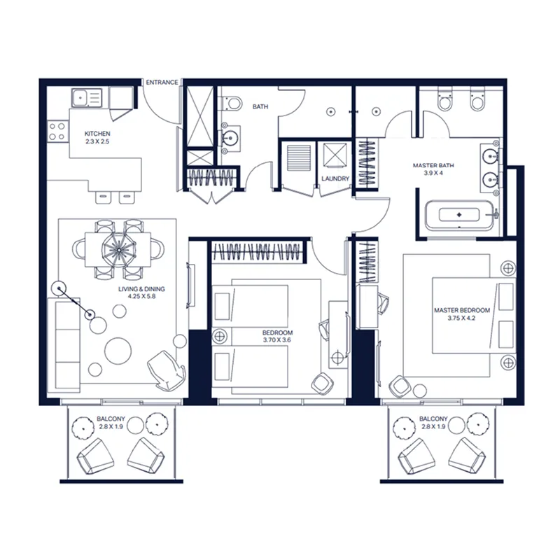The Atria 2 bed floor plan, 1,262 sqft