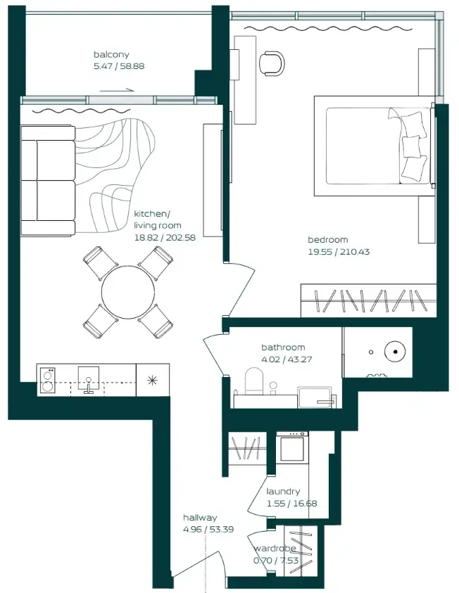 Vibe 1 bed floor plan, 669 sqft