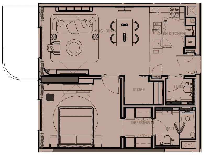 Sunset Bay Grand 1 bed floor plan, 843 sqft