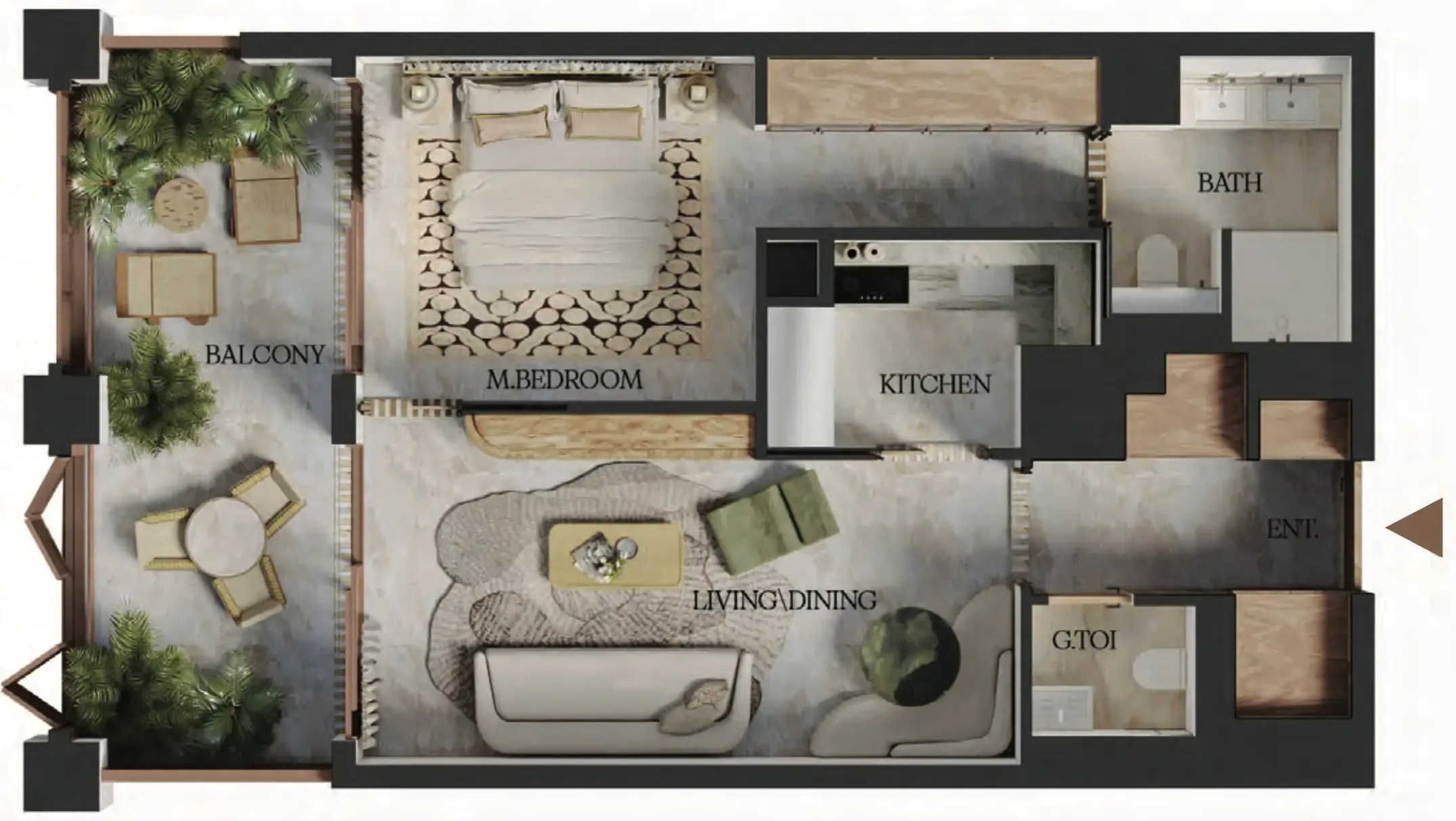 Elire Managed by LUX 1 bed floor plan, 734 sqft