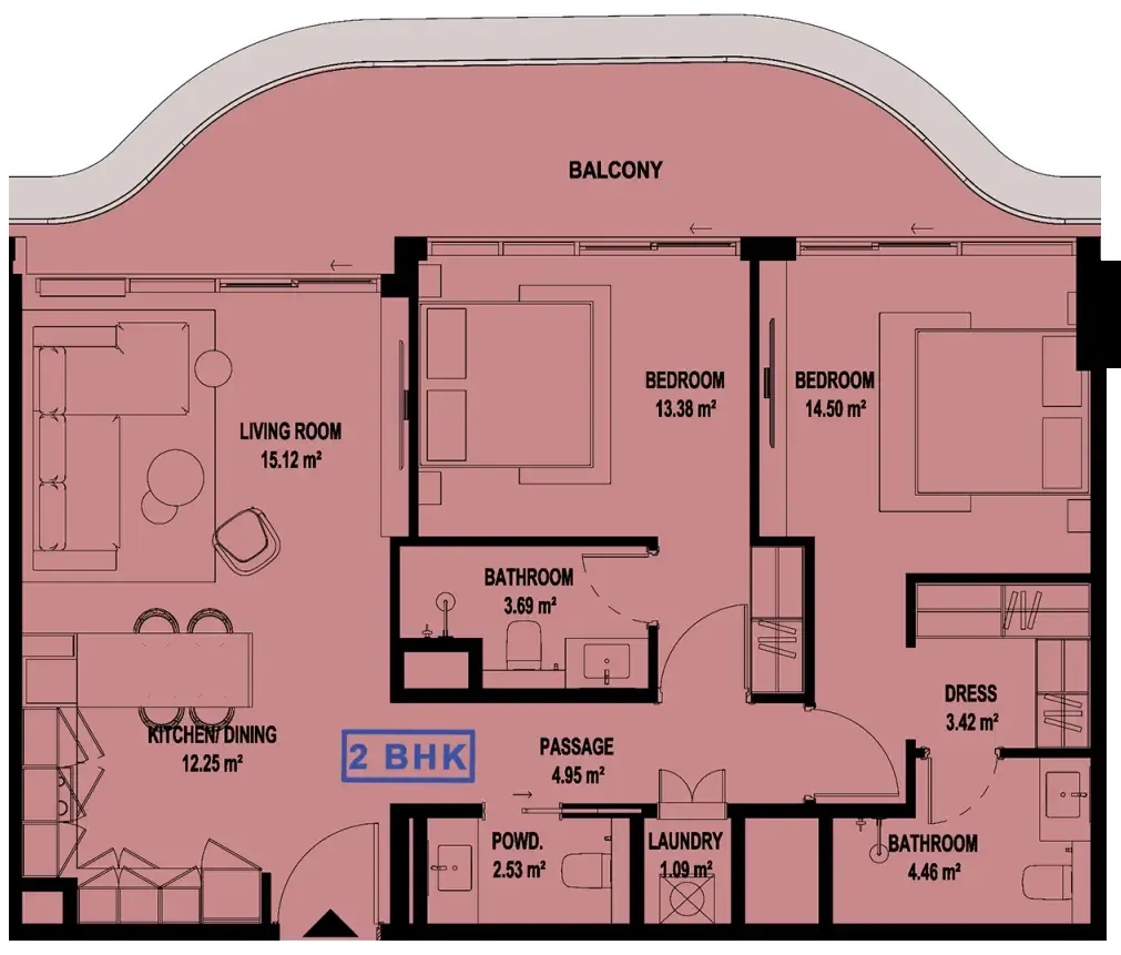 Marquis Horizon 2 bed floor plan, 1,105 sqft