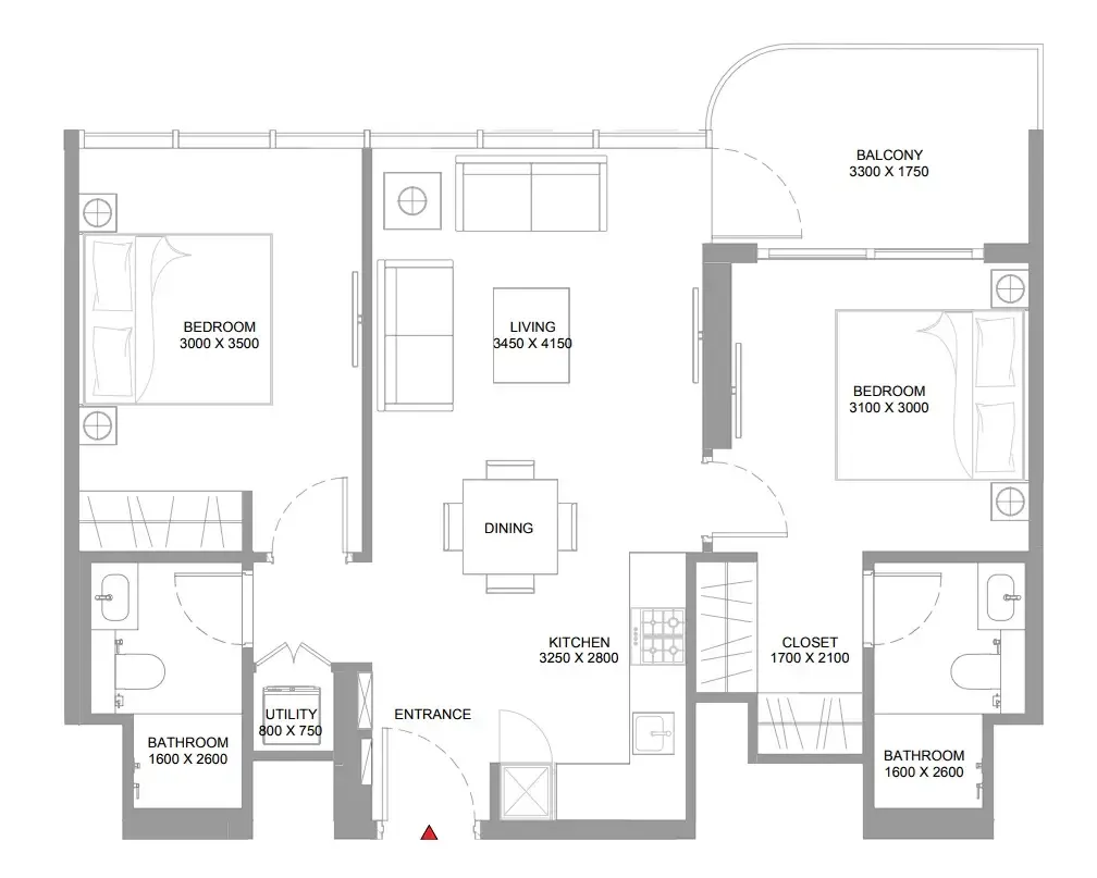 Pierside Marina Residences 2 bed floor plan, 809 sqft