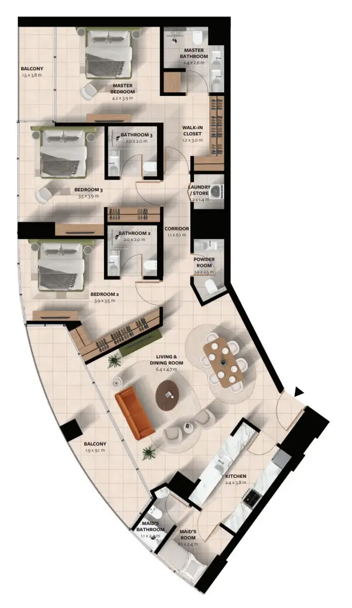 Waada Dubai South 3 bed floor plan, 1,924 sqft