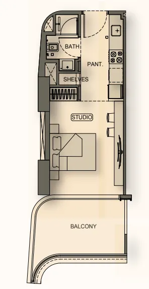 Binghatti Hillside Studio floor plan, 416 sqft