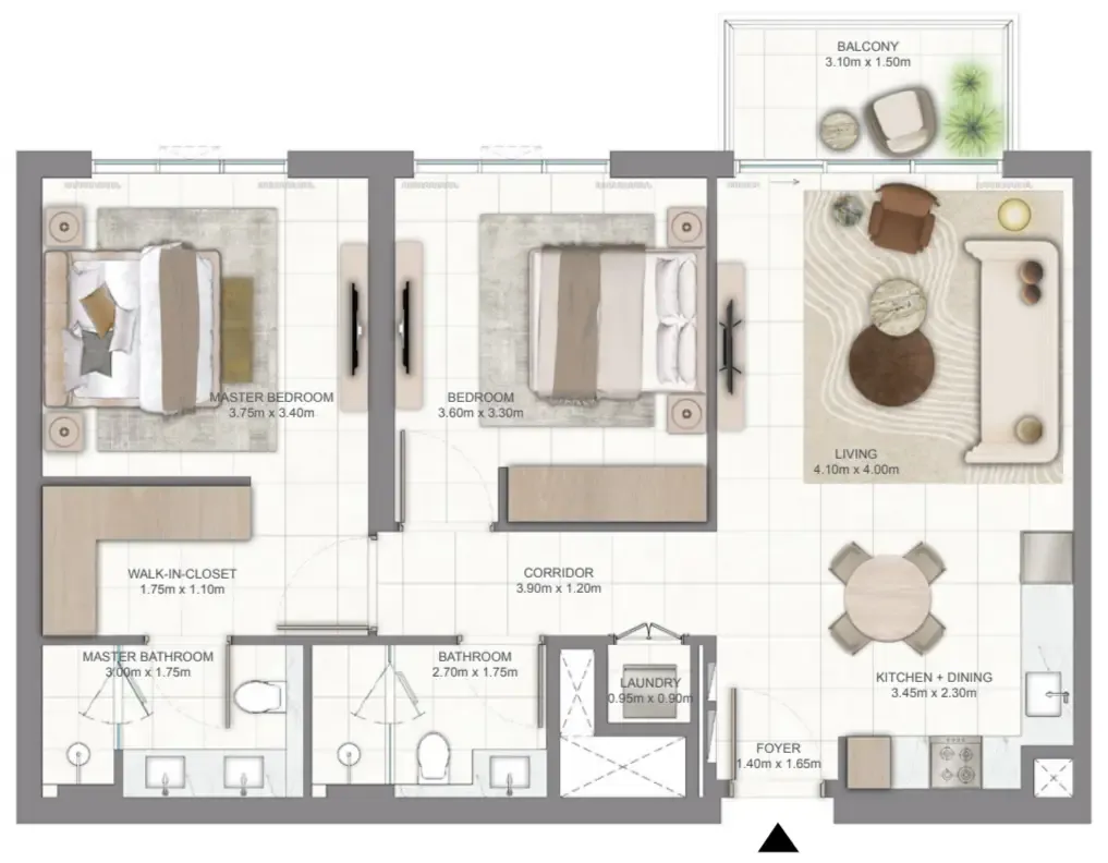 Golf Vale 2 bed floor plan, 990 sqft