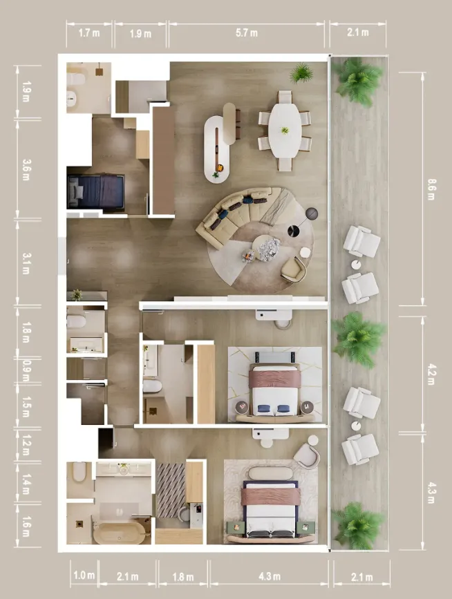Mandarin Oriental Residences 2 bed floor plan, 2,201 sqft