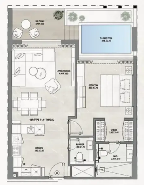 Gharbi 1 Residences 1 bed floor plan, 1,151 sqft